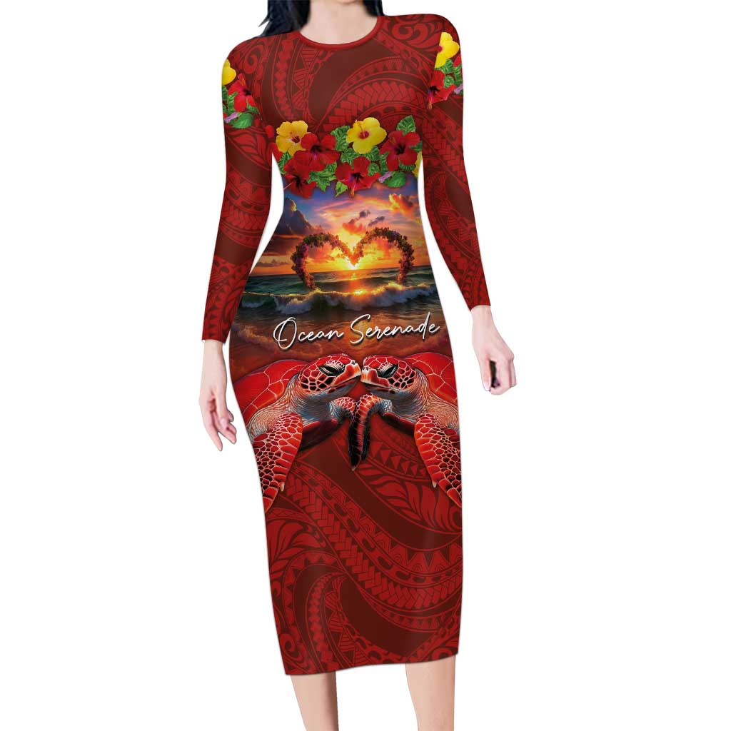 Hawaiian Turtle Love Couple Long Sleeve Bodycon Dress Ocean Serenade - Honu Honi Ihu with Hibiscus and Romantic Sunset Red Color LT03 Long Dress Red - Polynesian Pride