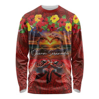 Hawaiian Turtle Love Couple Long Sleeve Shirt Ocean Serenade - Honu Honi Ihu with Hibiscus and Romantic Sunset Red Color LT03 Unisex Red - Polynesian Pride