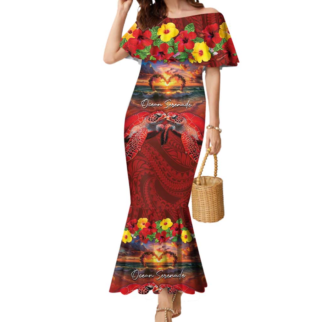 Hawaiian Turtle Love Couple Mermaid Dress Ocean Serenade - Honu Honi Ihu with Hibiscus and Romantic Sunset Red Color LT03 Women Red - Polynesian Pride