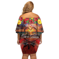 Hawaiian Turtle Love Couple Off Shoulder Short Dress Ocean Serenade - Honu Honi Ihu with Hibiscus and Romantic Sunset Red Color LT03 - Polynesian Pride