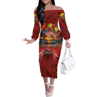 Hawaiian Turtle Love Couple Off The Shoulder Long Sleeve Dress Ocean Serenade - Honu Honi Ihu with Hibiscus and Romantic Sunset Red Color LT03 Women Red - Polynesian Pride
