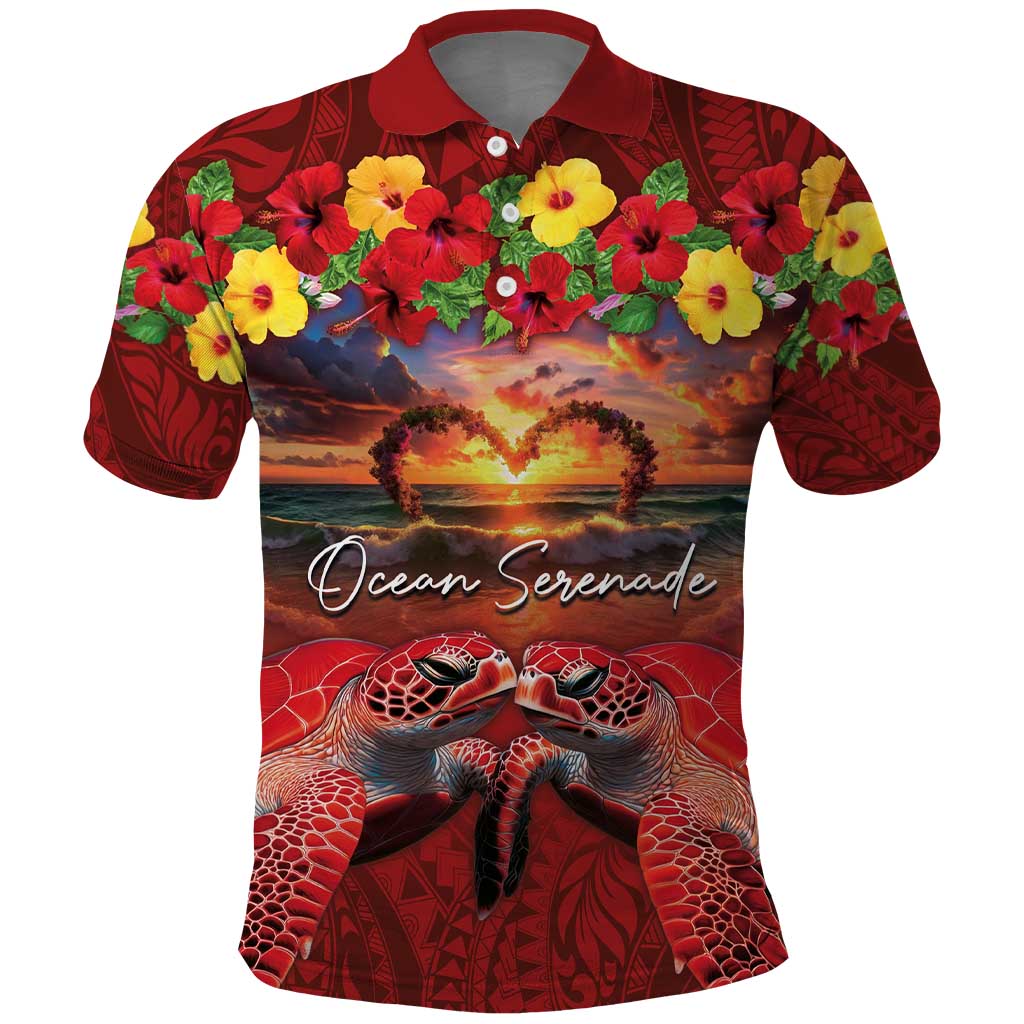 Hawaiian Turtle Love Couple Polo Shirt Ocean Serenade - Honu Honi Ihu with Hibiscus and Romantic Sunset Red Color LT03 Red - Polynesian Pride