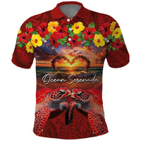Hawaiian Turtle Love Couple Polo Shirt Ocean Serenade - Honu Honi Ihu with Hibiscus and Romantic Sunset Red Color LT03 Red - Polynesian Pride