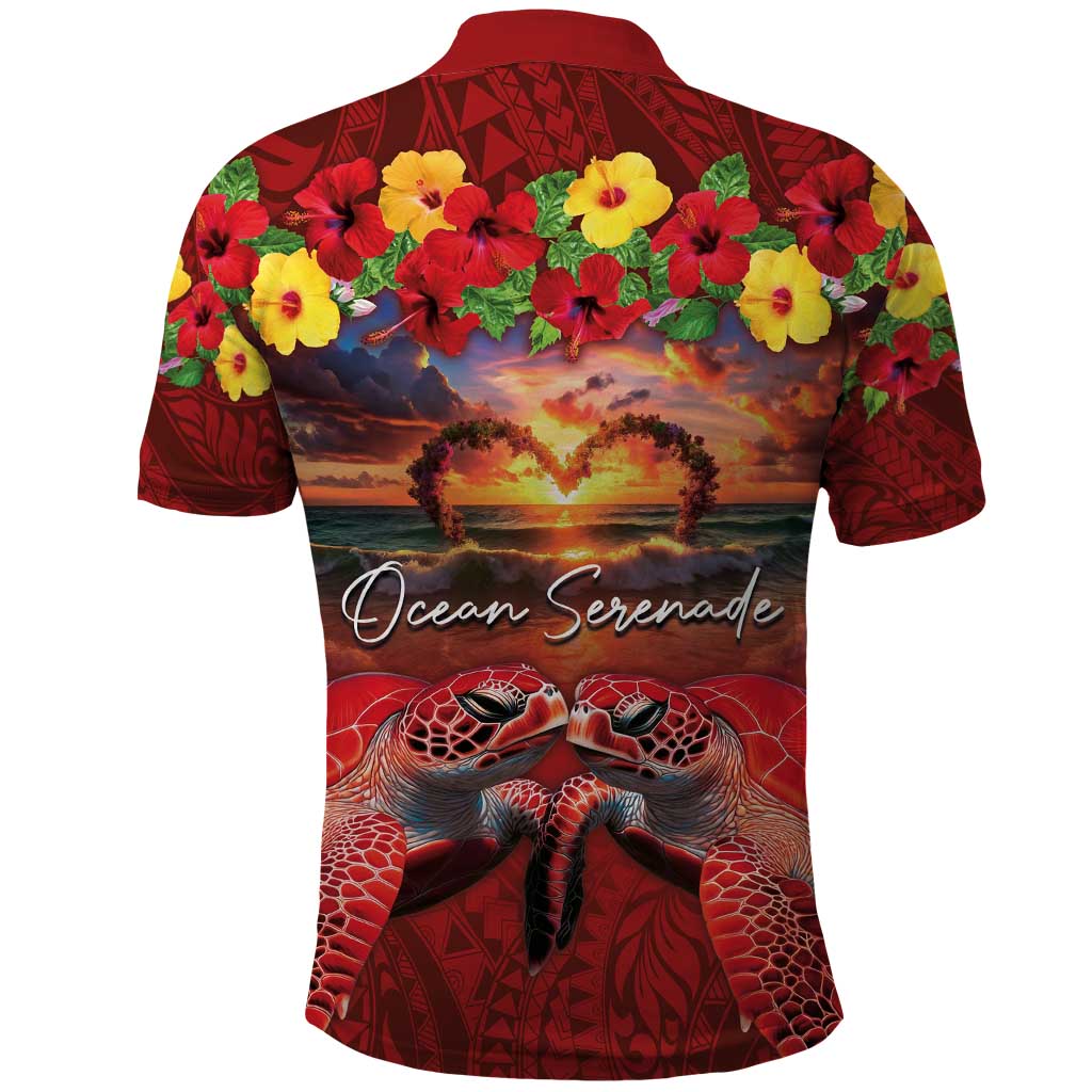 Hawaiian Turtle Love Couple Polo Shirt Ocean Serenade - Honu Honi Ihu with Hibiscus and Romantic Sunset Red Color LT03 - Polynesian Pride