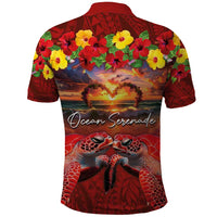 Hawaiian Turtle Love Couple Polo Shirt Ocean Serenade - Honu Honi Ihu with Hibiscus and Romantic Sunset Red Color LT03 - Polynesian Pride