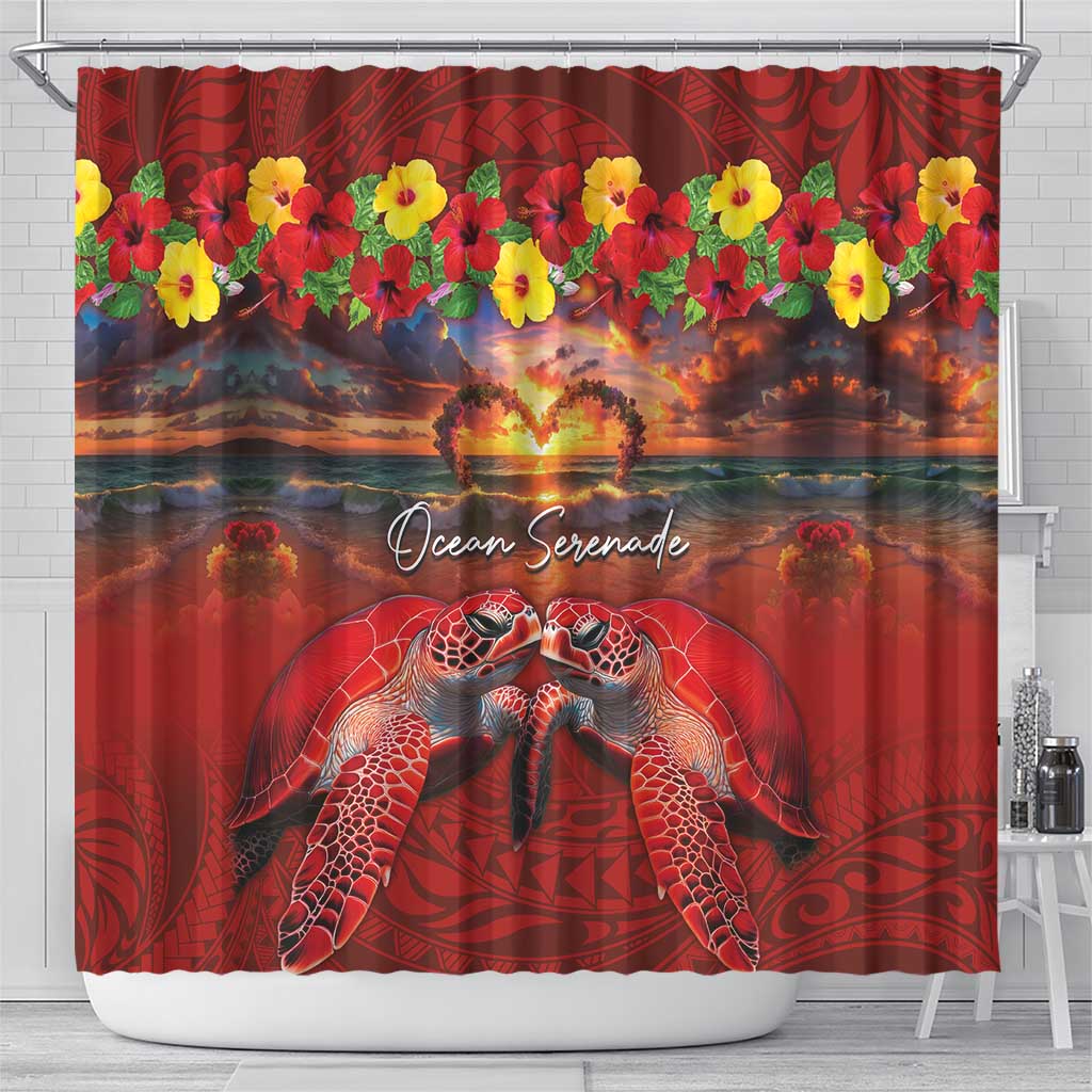 Hawaiian Turtle Love Couple Shower Curtain Ocean Serenade - Honu Honi Ihu with Hibiscus and Romantic Sunset Red Color