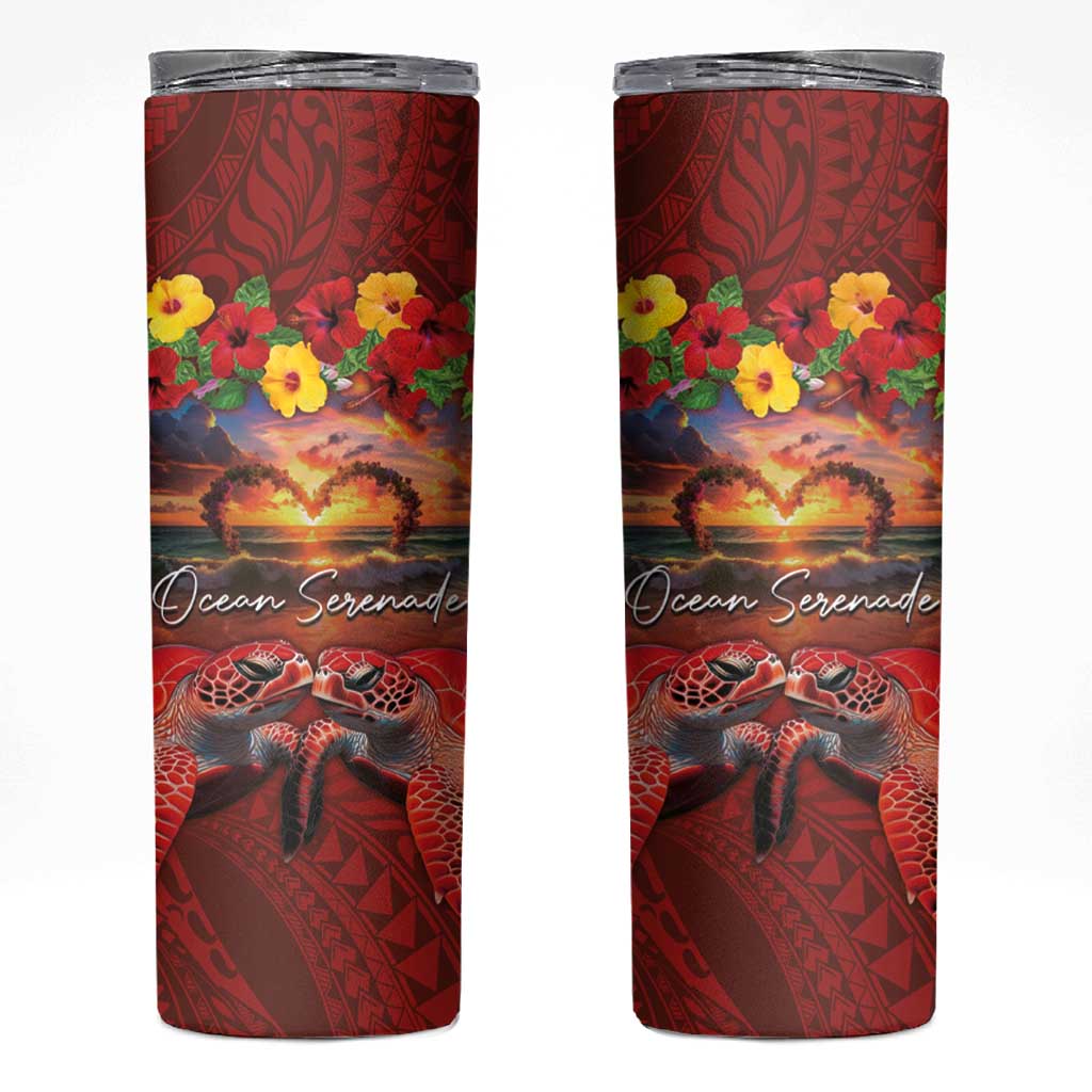 Hawaiian Turtle Love Couple Skinny Tumbler Ocean Serenade - Honu Honi Ihu with Hibiscus and Romantic Sunset Red Color LT03 Red - Polynesian Pride