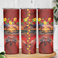 Hawaiian Turtle Love Couple Skinny Tumbler Ocean Serenade - Honu Honi Ihu with Hibiscus and Romantic Sunset Red Color LT03 - Polynesian Pride