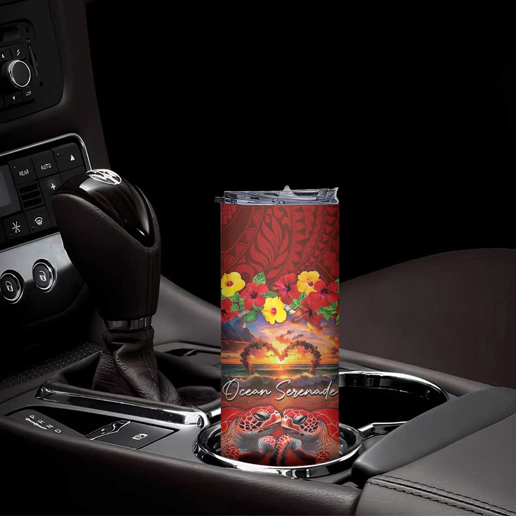 Hawaiian Turtle Love Couple Skinny Tumbler Ocean Serenade - Honu Honi Ihu with Hibiscus and Romantic Sunset Red Color LT03 - Polynesian Pride