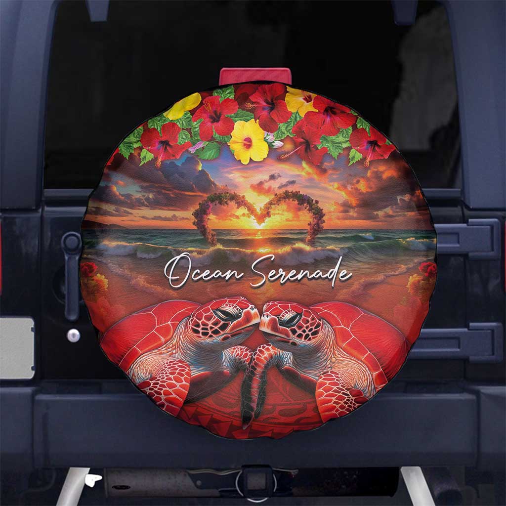 Hawaiian Turtle Love Couple Spare Tire Cover Ocean Serenade - Honu Honi Ihu with Hibiscus and Romantic Sunset Red Color LT03 - Polynesian Pride