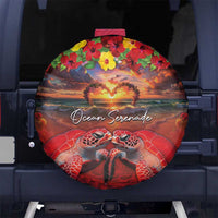 Hawaiian Turtle Love Couple Spare Tire Cover Ocean Serenade - Honu Honi Ihu with Hibiscus and Romantic Sunset Red Color LT03 - Polynesian Pride
