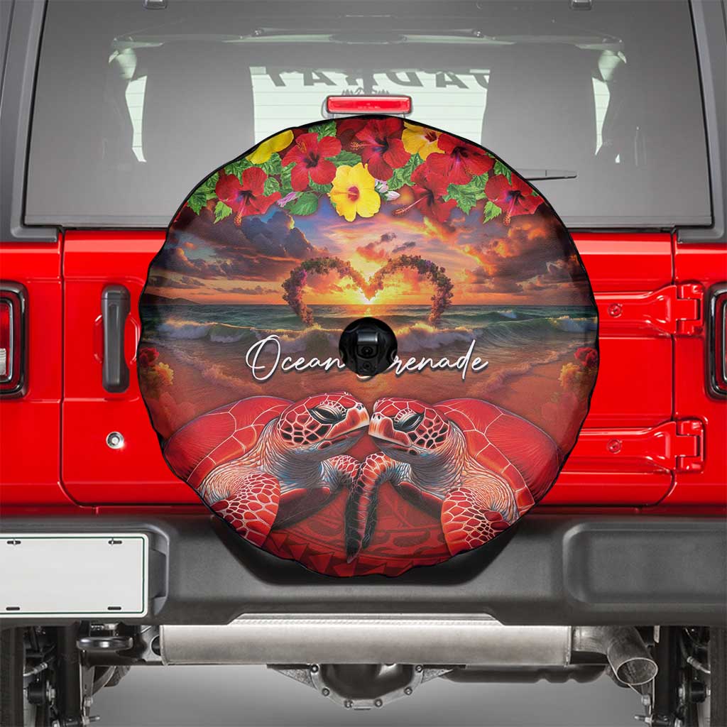 Hawaiian Turtle Love Couple Spare Tire Cover Ocean Serenade - Honu Honi Ihu with Hibiscus and Romantic Sunset Red Color LT03 - Polynesian Pride