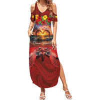 Hawaiian Turtle Love Couple Summer Maxi Dress Ocean Serenade - Honu Honi Ihu with Hibiscus and Romantic Sunset Red Color LT03 Women Red - Polynesian Pride