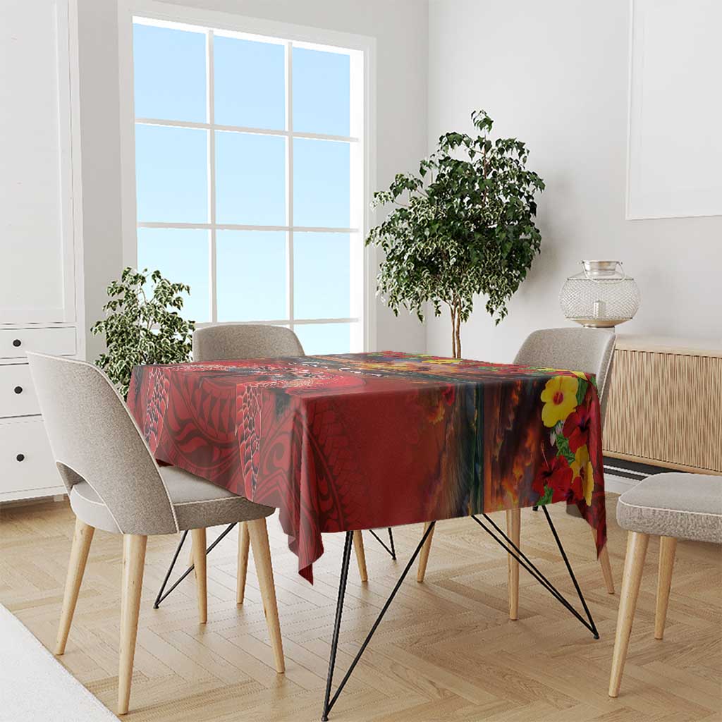 Hawaiian Turtle Love Couple Tablecloth Ocean Serenade - Honu Honi Ihu with Hibiscus and Romantic Sunset Red Color