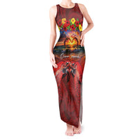 Hawaiian Turtle Love Couple Tank Maxi Dress Ocean Serenade - Honu Honi Ihu with Hibiscus and Romantic Sunset Red Color LT03 Women Red - Polynesian Pride