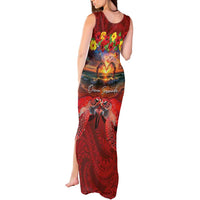 Hawaiian Turtle Love Couple Tank Maxi Dress Ocean Serenade - Honu Honi Ihu with Hibiscus and Romantic Sunset Red Color LT03 - Polynesian Pride
