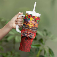 Hawaiian Turtle Love Couple Tumbler With Handle Ocean Serenade - Honu Honi Ihu with Hibiscus and Romantic Sunset Red Color LT03 - Polynesian Pride