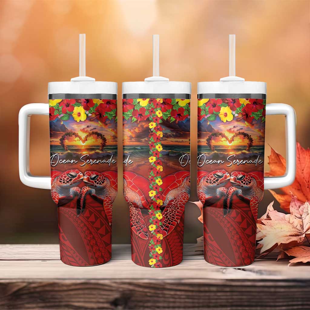 Hawaiian Turtle Love Couple Tumbler With Handle Ocean Serenade - Honu Honi Ihu with Hibiscus and Romantic Sunset Red Color LT03 - Polynesian Pride