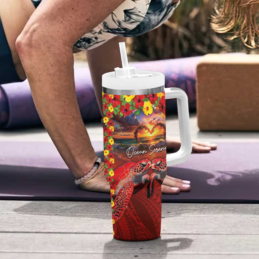 Hawaiian Turtle Love Couple Tumbler With Handle Ocean Serenade - Honu Honi Ihu with Hibiscus and Romantic Sunset Red Color LT03 - Polynesian Pride