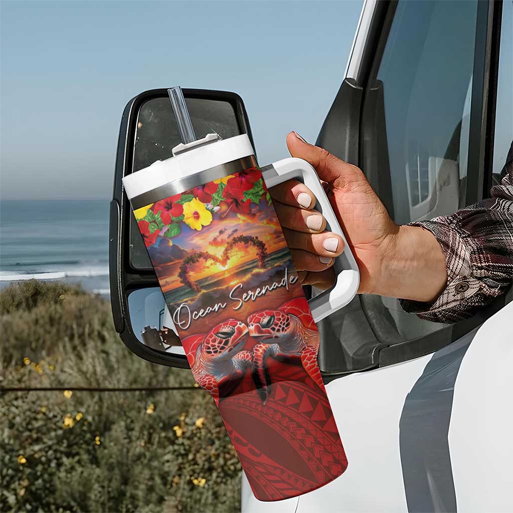 Hawaiian Turtle Love Couple Tumbler With Handle Ocean Serenade - Honu Honi Ihu with Hibiscus and Romantic Sunset Red Color LT03 - Polynesian Pride