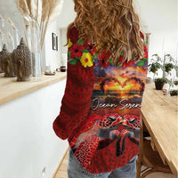 Hawaiian Turtle Love Couple Women Casual Shirt Ocean Serenade - Honu Honi Ihu with Hibiscus and Romantic Sunset Red Color LT03 - Polynesian Pride