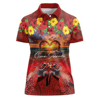 Hawaiian Turtle Love Couple Women Polo Shirt Ocean Serenade - Honu Honi Ihu with Hibiscus and Romantic Sunset Red Color LT03 Female Red - Polynesian Pride