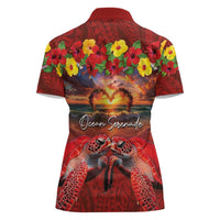 Hawaiian Turtle Love Couple Women Polo Shirt Ocean Serenade - Honu Honi Ihu with Hibiscus and Romantic Sunset Red Color LT03 - Polynesian Pride