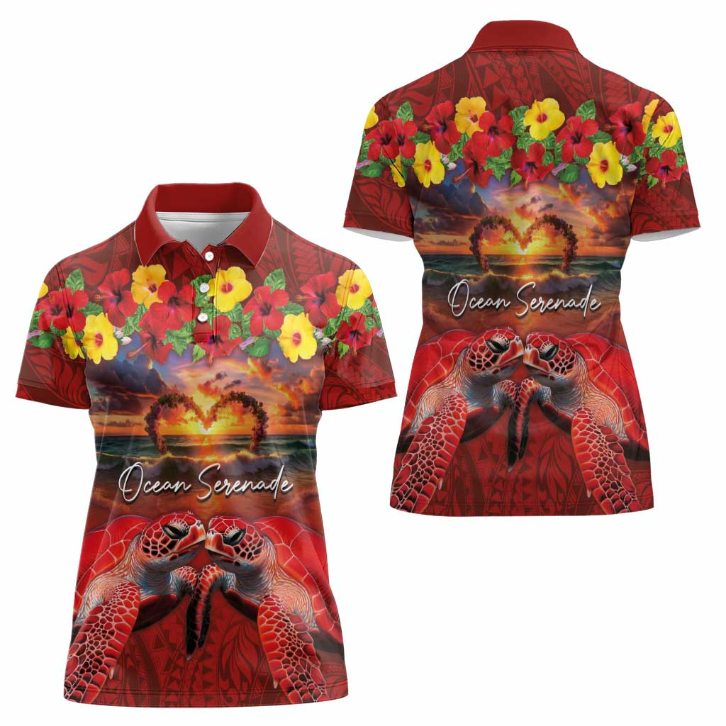 Hawaiian Turtle Love Couple Women Polo Shirt Ocean Serenade - Honu Honi Ihu with Hibiscus and Romantic Sunset Red Color LT03 - Polynesian Pride