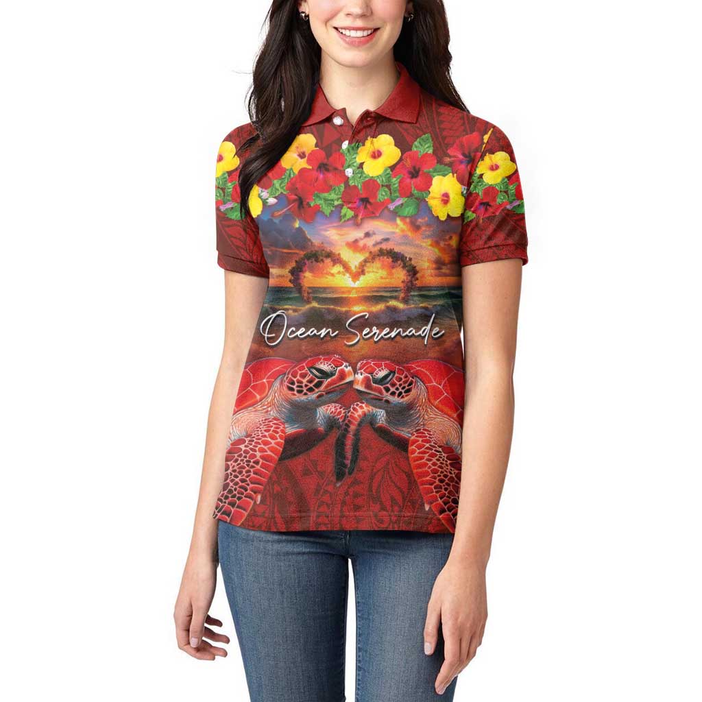Hawaiian Turtle Love Couple Women Polo Shirt Ocean Serenade - Honu Honi Ihu with Hibiscus and Romantic Sunset Red Color LT03 - Polynesian Pride