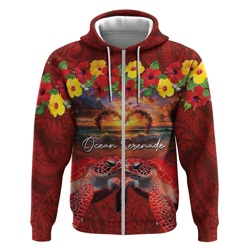 Hawaiian Turtle Love Couple Zip Hoodie Ocean Serenade - Honu Honi Ihu with Hibiscus and Romantic Sunset Red Color LT03 Zip Hoodie Red - Polynesian Pride