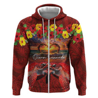 Hawaiian Turtle Love Couple Zip Hoodie Ocean Serenade - Honu Honi Ihu with Hibiscus and Romantic Sunset Red Color LT03 Zip Hoodie Red - Polynesian Pride