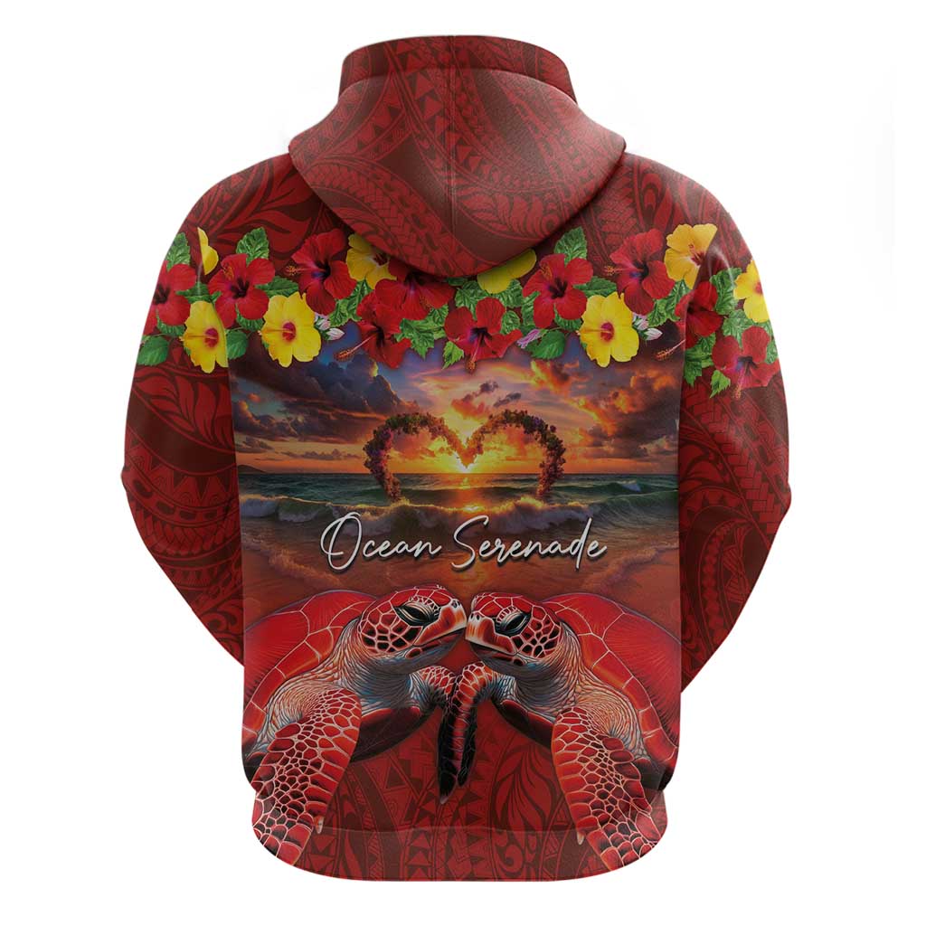Hawaiian Turtle Love Couple Zip Hoodie Ocean Serenade - Honu Honi Ihu with Hibiscus and Romantic Sunset Red Color LT03 - Polynesian Pride