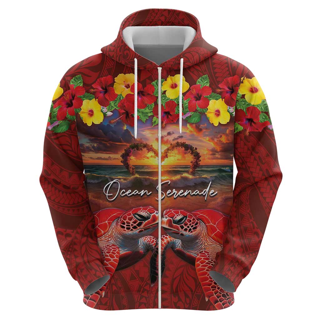 Hawaiian Turtle Love Couple Zip Hoodie Ocean Serenade - Honu Honi Ihu with Hibiscus and Romantic Sunset Red Color LT03 - Polynesian Pride
