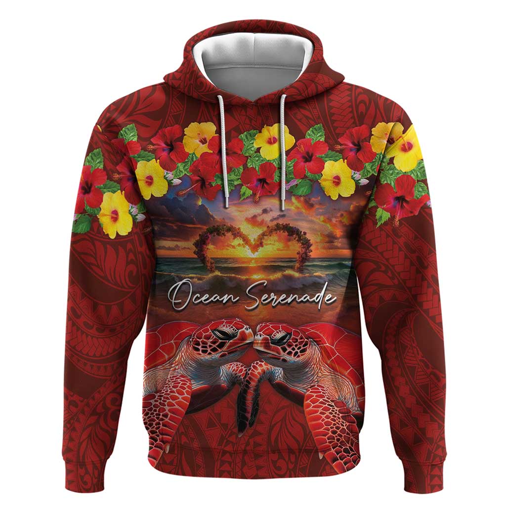 Hawaiian Turtle Love Couple Zip Hoodie Ocean Serenade - Honu Honi Ihu with Hibiscus and Romantic Sunset Red Color LT03 Pullover Hoodie Red - Polynesian Pride