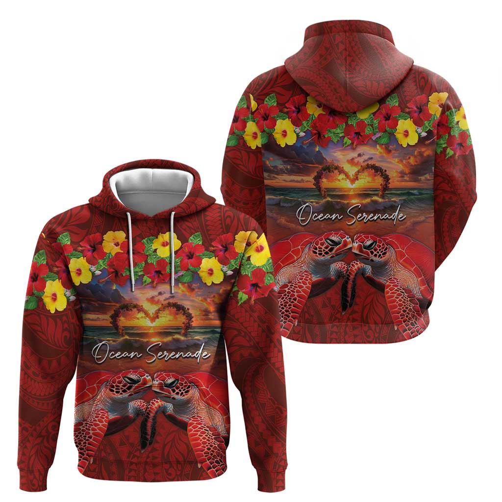 Hawaiian Turtle Love Couple Zip Hoodie Ocean Serenade - Honu Honi Ihu with Hibiscus and Romantic Sunset Red Color LT03 - Polynesian Pride