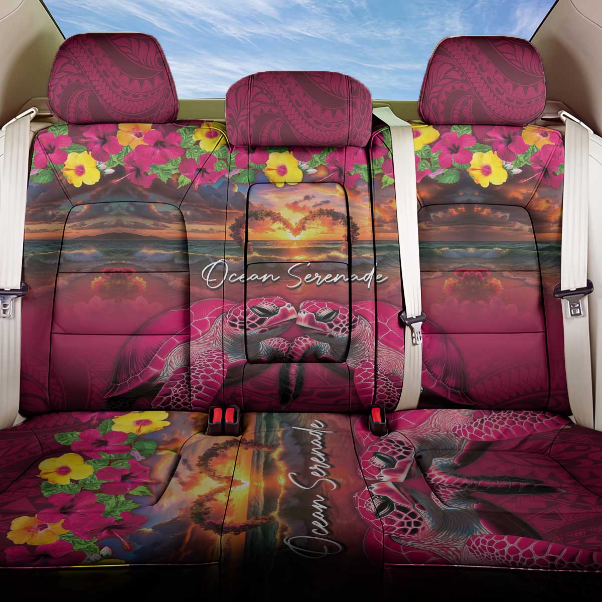 Hawaiian Turtle Love Couple Back Car Seat Cover Ocean Serenade - Honu Honi Ihu with Hibiscus and Romantic Sunset Pink Color LT03 One Size Pink - Polynesian Pride