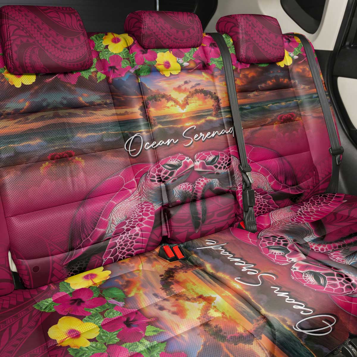 Hawaiian Turtle Love Couple Back Car Seat Cover Ocean Serenade - Honu Honi Ihu with Hibiscus and Romantic Sunset Pink Color LT03 - Polynesian Pride