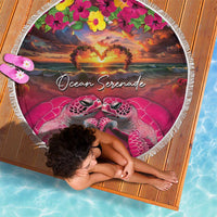 Hawaiian Turtle Love Couple Beach Blanket Ocean Serenade - Honu Honi Ihu with Hibiscus and Romantic Sunset Pink Color