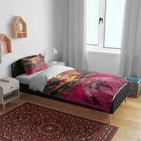 Hawaiian Turtle Love Couple Bedding Set Ocean Serenade - Honu Honi Ihu with Hibiscus and Romantic Sunset Pink Color