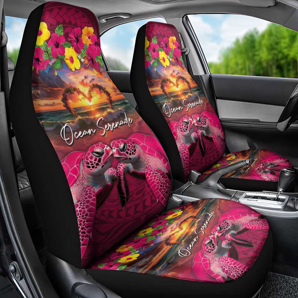 Hawaiian Turtle Love Couple Car Seat Cover Ocean Serenade - Honu Honi Ihu with Hibiscus and Romantic Sunset Pink Color LT03 - Polynesian Pride