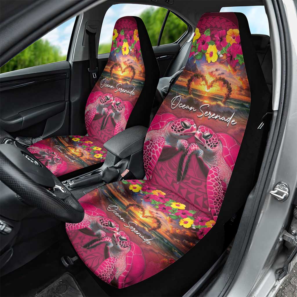 Hawaiian Turtle Love Couple Car Seat Cover Ocean Serenade - Honu Honi Ihu with Hibiscus and Romantic Sunset Pink Color LT03 - Polynesian Pride