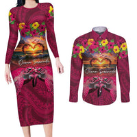 Hawaiian Turtle Love Couple Couples Matching Long Sleeve Bodycon Dress and Long Sleeve Button Shirt Ocean Serenade - Honu Honi Ihu with Hibiscus and Romantic Sunset Pink Color LT03 Pink - Polynesian Pride