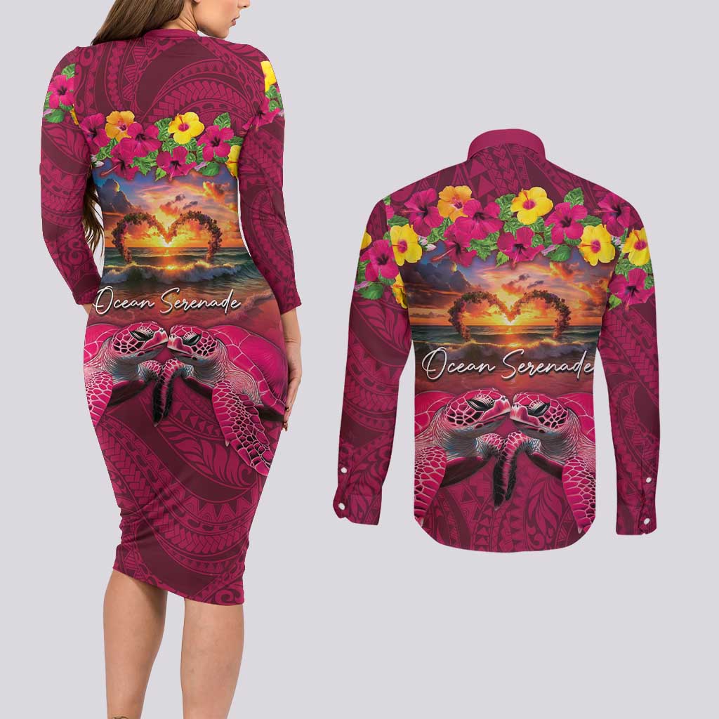 Hawaiian Turtle Love Couple Couples Matching Long Sleeve Bodycon Dress and Long Sleeve Button Shirt Ocean Serenade - Honu Honi Ihu with Hibiscus and Romantic Sunset Pink Color LT03 - Polynesian Pride