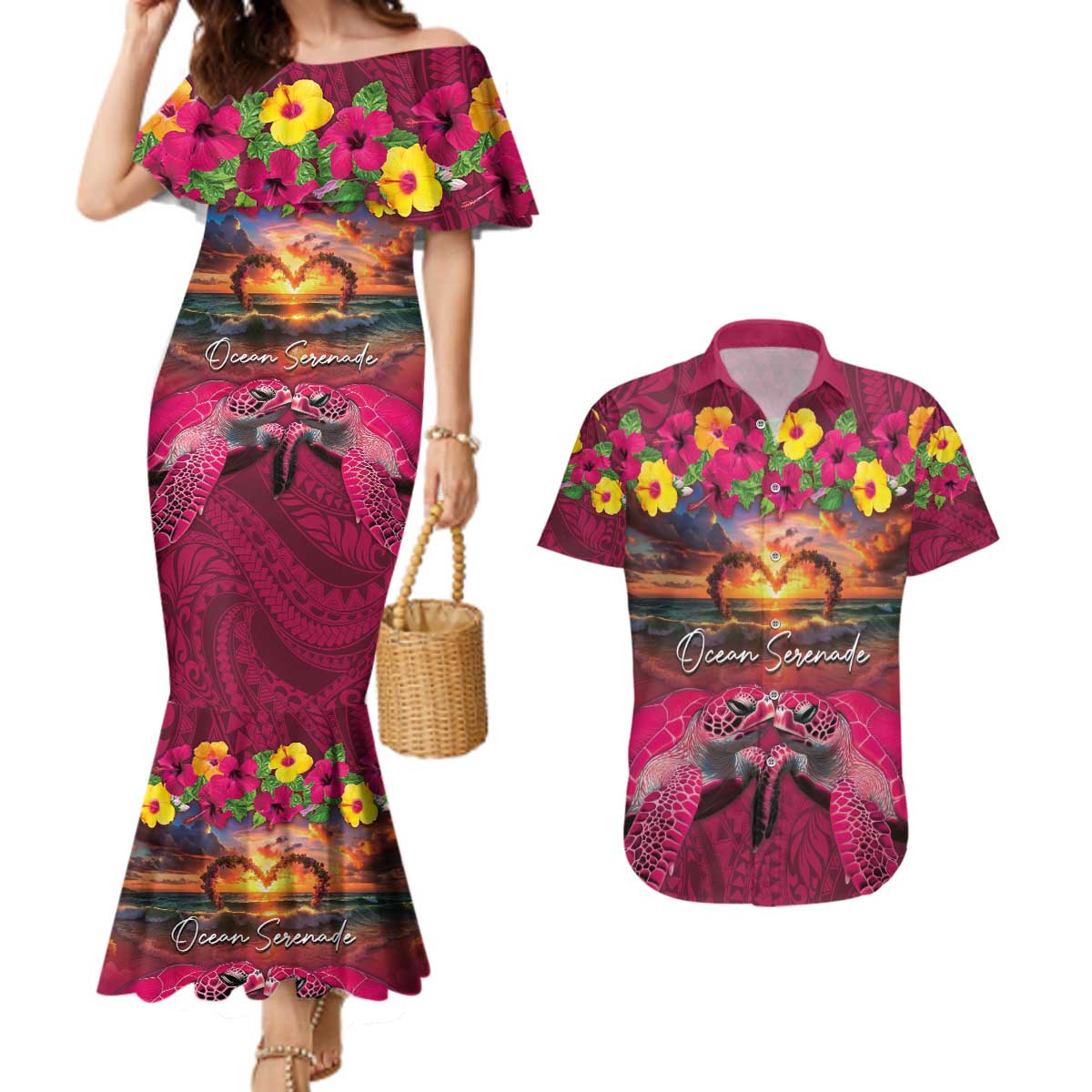 Hawaiian Turtle Love Couple Couples Matching Mermaid Dress and Hawaiian Shirt Ocean Serenade - Honu Honi Ihu with Hibiscus and Romantic Sunset Pink Color LT03 Pink - Polynesian Pride