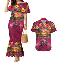 Hawaiian Turtle Love Couple Couples Matching Mermaid Dress and Hawaiian Shirt Ocean Serenade - Honu Honi Ihu with Hibiscus and Romantic Sunset Pink Color LT03 Pink - Polynesian Pride