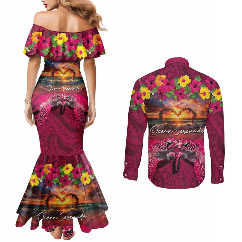 Hawaiian Turtle Love Couple Couples Matching Mermaid Dress and Long Sleeve Button Shirt Ocean Serenade - Honu Honi Ihu with Hibiscus and Romantic Sunset Pink Color LT03 - Polynesian Pride