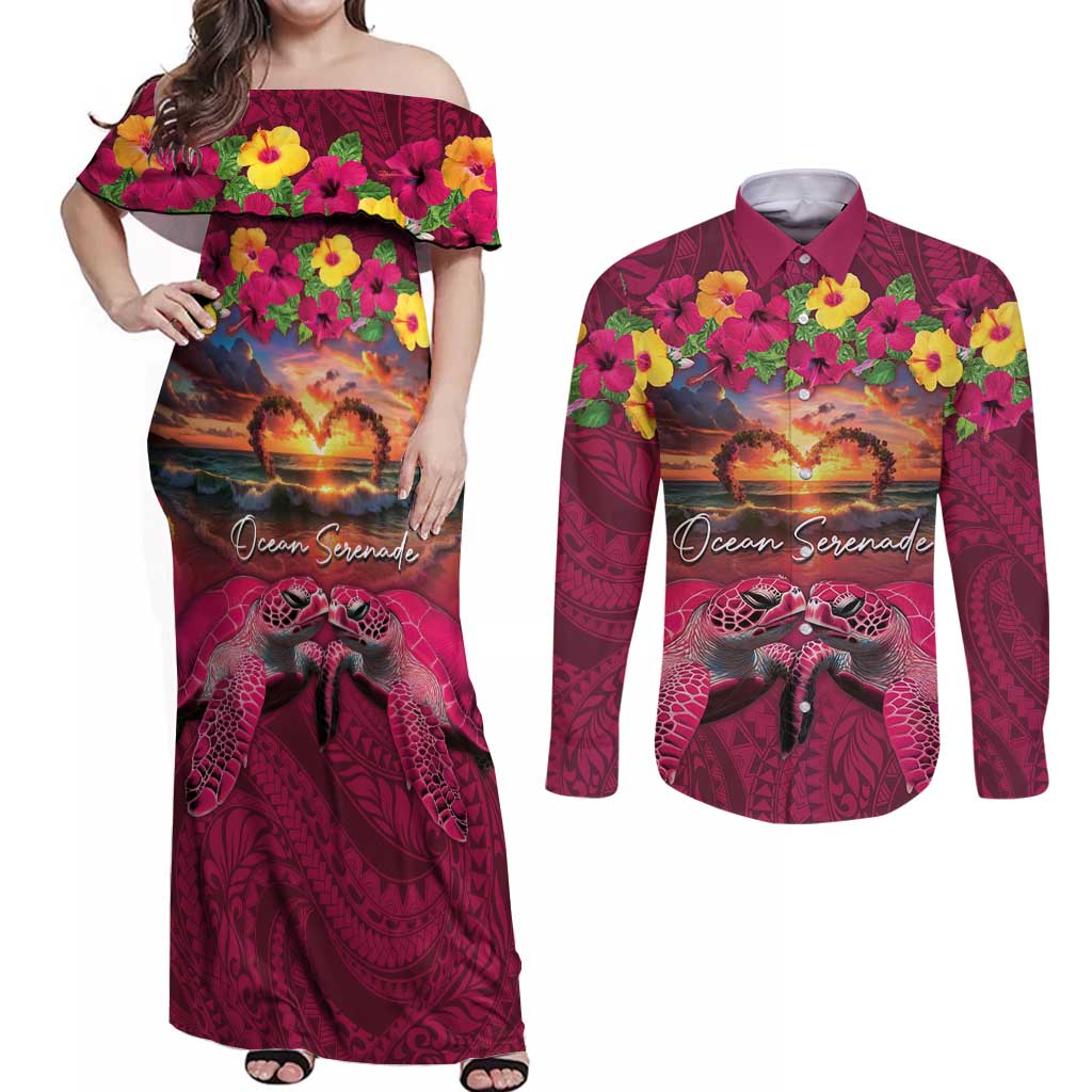 Hawaiian Turtle Love Couple Couples Matching Off Shoulder Maxi Dress and Long Sleeve Button Shirt Ocean Serenade - Honu Honi Ihu with Hibiscus and Romantic Sunset Pink Color LT03 Pink - Polynesian Pride