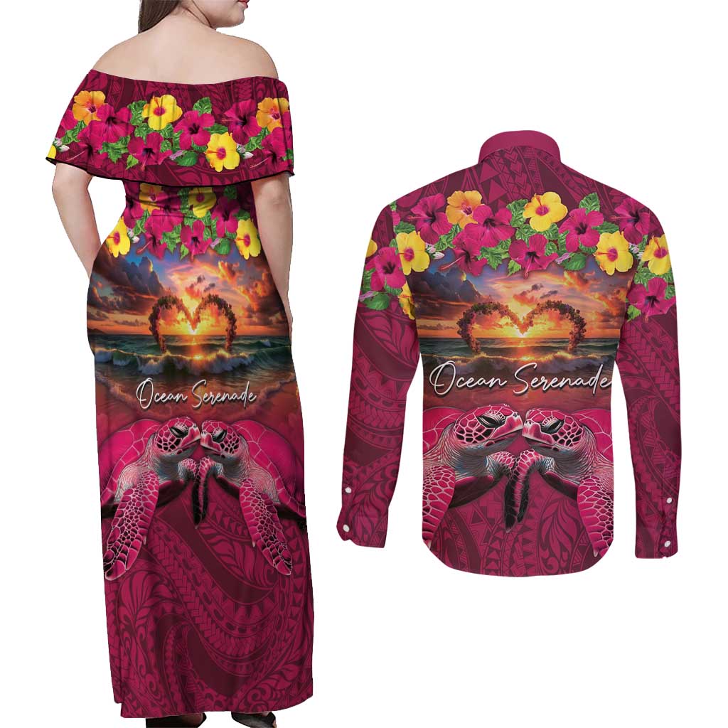 Hawaiian Turtle Love Couple Couples Matching Off Shoulder Maxi Dress and Long Sleeve Button Shirt Ocean Serenade - Honu Honi Ihu with Hibiscus and Romantic Sunset Pink Color LT03 - Polynesian Pride