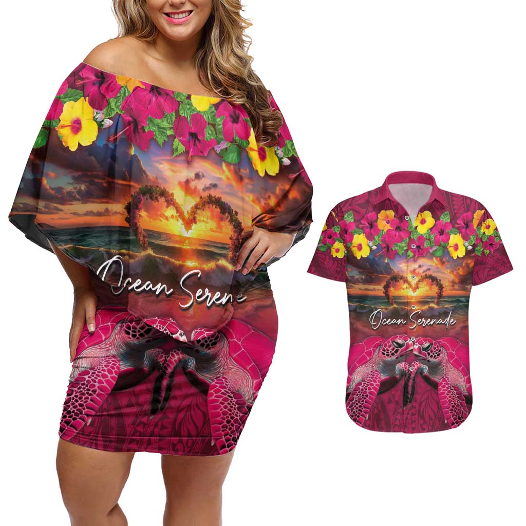 Hawaiian Turtle Love Couple Couples Matching Off Shoulder Short Dress and Hawaiian Shirt Ocean Serenade - Honu Honi Ihu with Hibiscus and Romantic Sunset Pink Color LT03 Pink - Polynesian Pride
