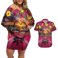 Hawaiian Turtle Love Couple Couples Matching Off Shoulder Short Dress and Hawaiian Shirt Ocean Serenade - Honu Honi Ihu with Hibiscus and Romantic Sunset Pink Color LT03 Pink - Polynesian Pride